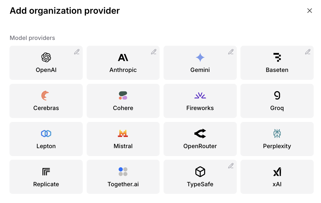 The Add organization provider dialog showing TypeSafe as one of the available model providers.